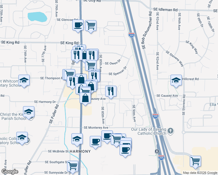 map of restaurants, bars, coffee shops, grocery stores, and more near 11282 Southeast Causey Circle in Happy Valley