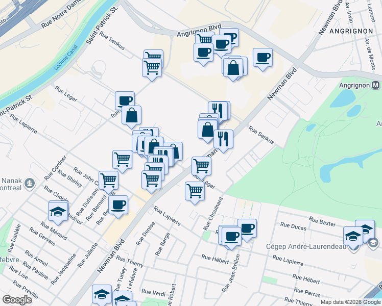 map of restaurants, bars, coffee shops, grocery stores, and more near 7227 Boulevard Newman in Montréal