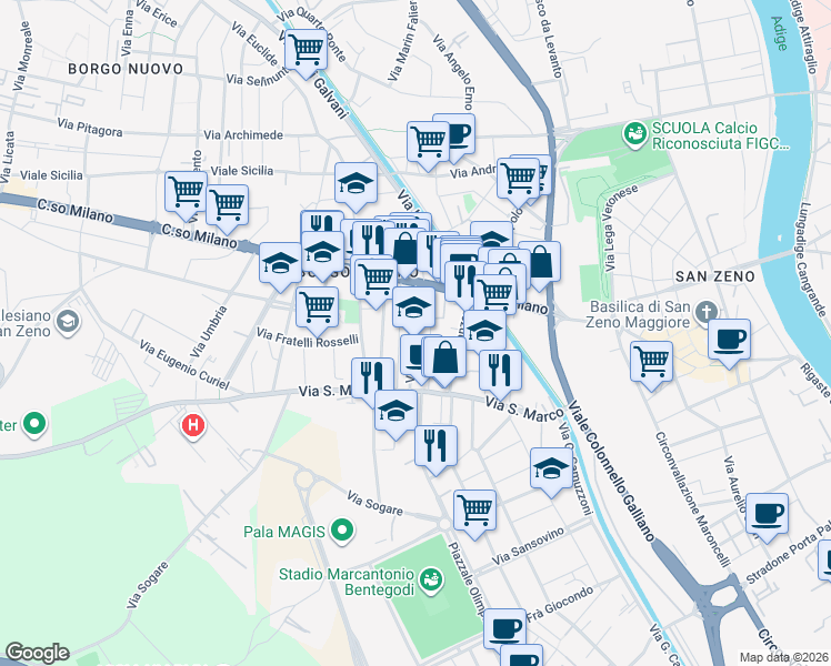 map of restaurants, bars, coffee shops, grocery stores, and more near 15 Via Ugo Foscolo in Verona