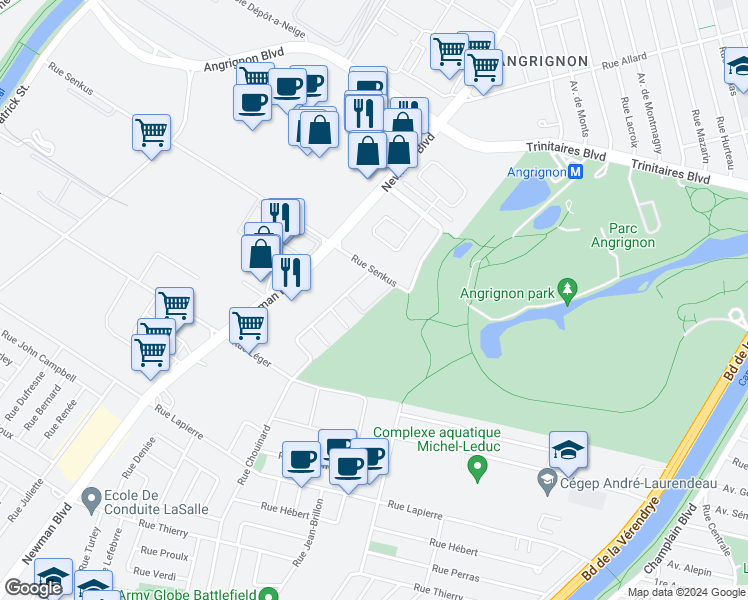 map of restaurants, bars, coffee shops, grocery stores, and more near 1840 Rue Senkus in Montréal