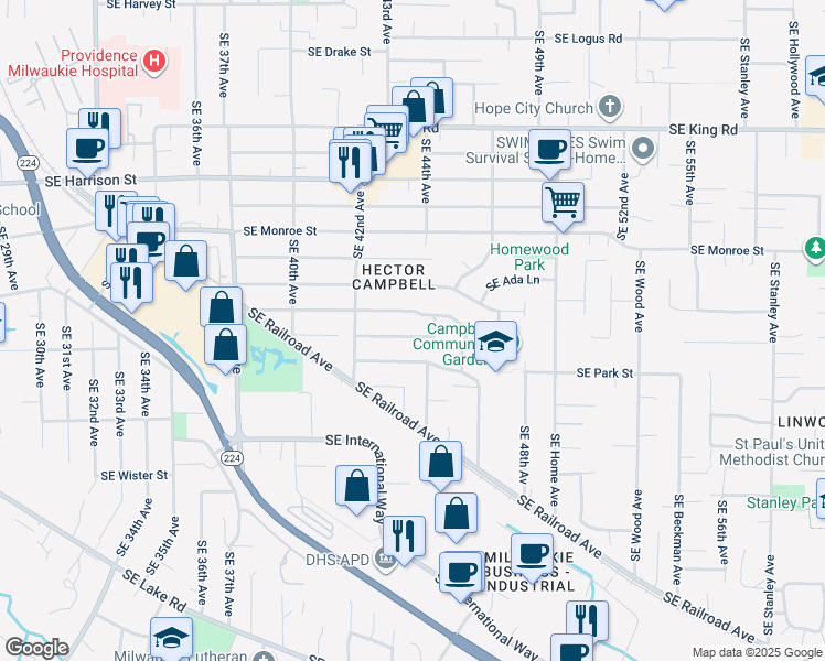 map of restaurants, bars, coffee shops, grocery stores, and more near 4405 Southeast Rio Vista Street in Milwaukie