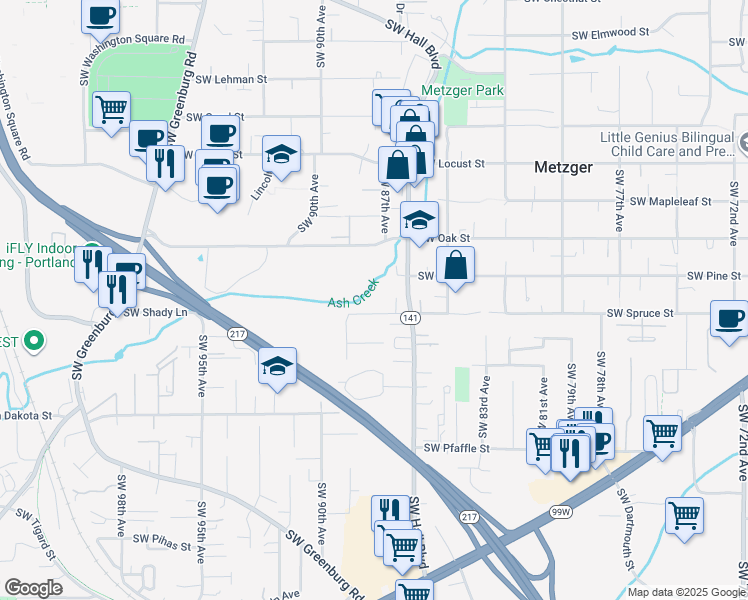 map of restaurants, bars, coffee shops, grocery stores, and more near 8811 Southwest Spruce Street in Tigard