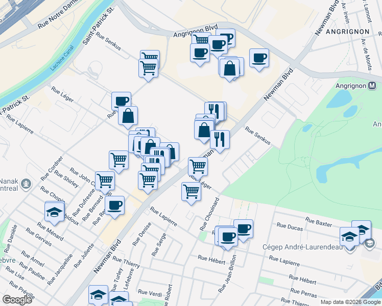 map of restaurants, bars, coffee shops, grocery stores, and more near 7227 Boulevard Newman in Montréal