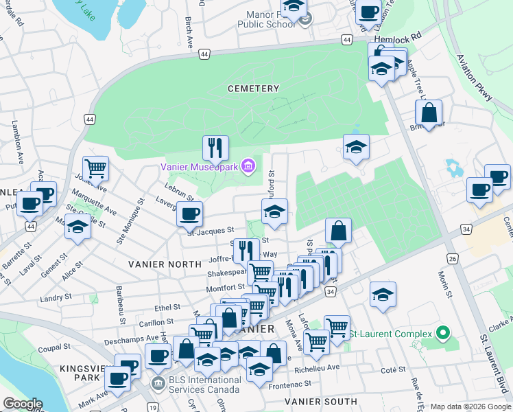 map of restaurants, bars, coffee shops, grocery stores, and more near 321 Lavergne Street in Ottawa