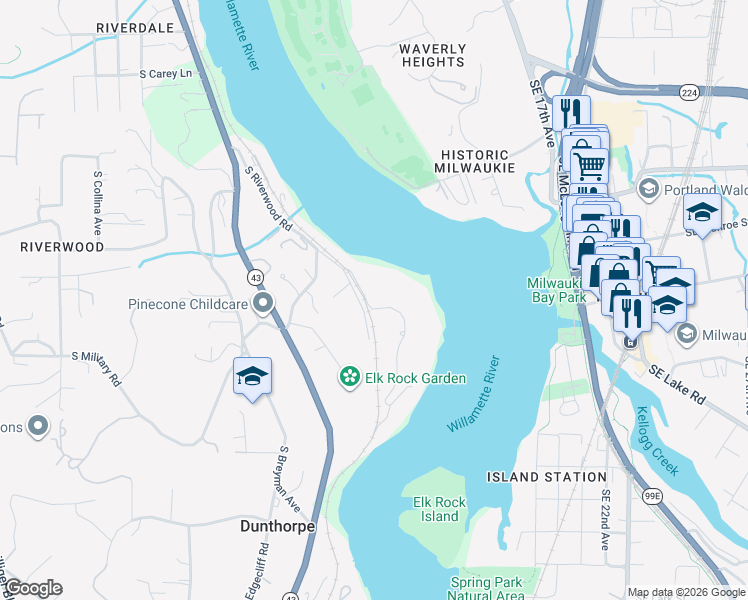 map of restaurants, bars, coffee shops, grocery stores, and more near 11426 South Riverwood Road in Portland