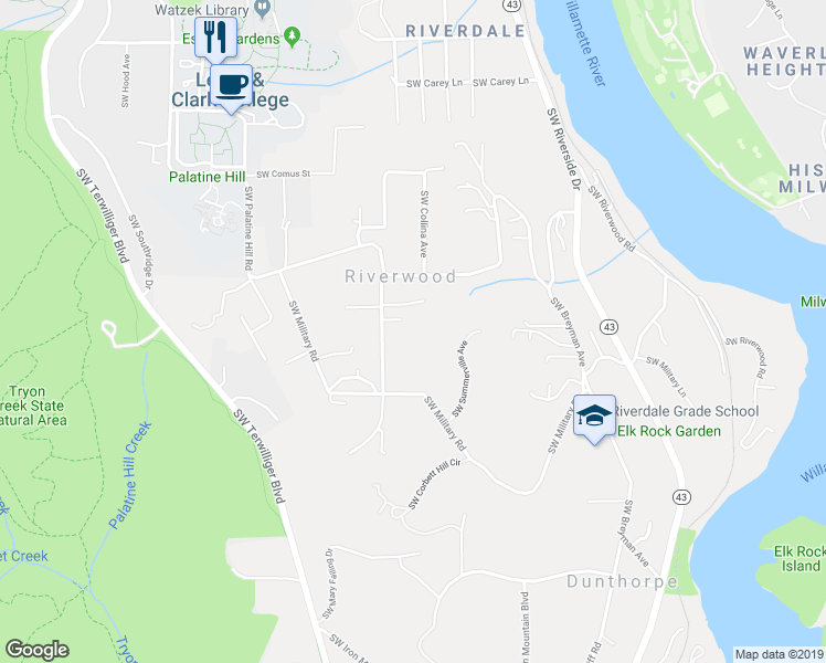 map of restaurants, bars, coffee shops, grocery stores, and more near 11505 South Summerville Avenue in Portland