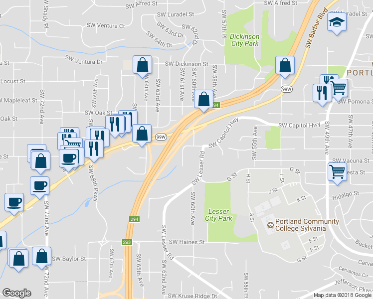 map of restaurants, bars, coffee shops, grocery stores, and more near 11432 Southwest Capitol Highway in Portland