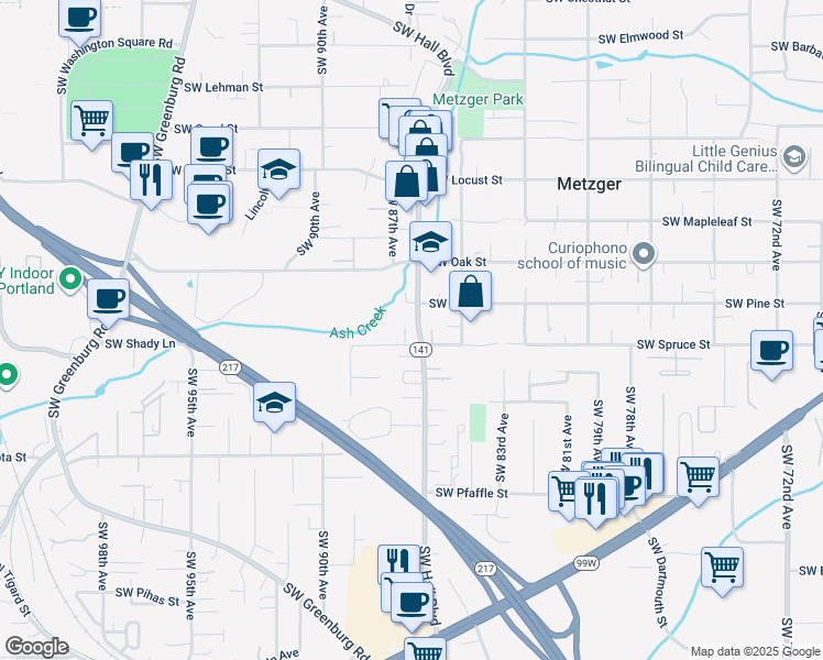 map of restaurants, bars, coffee shops, grocery stores, and more near 10765 Southwest Hall Boulevard in Tigard