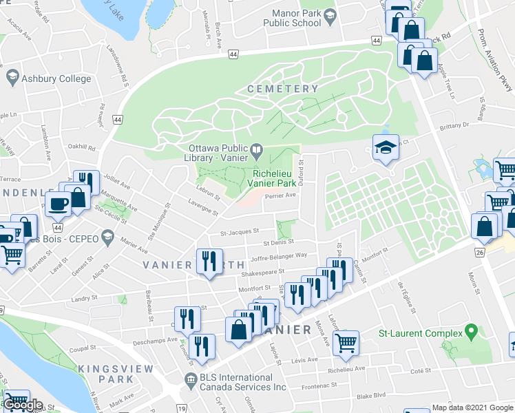 map of restaurants, bars, coffee shops, grocery stores, and more near in Ottawa