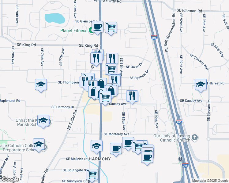 map of restaurants, bars, coffee shops, grocery stores, and more near 11334 Southeast 82nd Avenue in Happy Valley