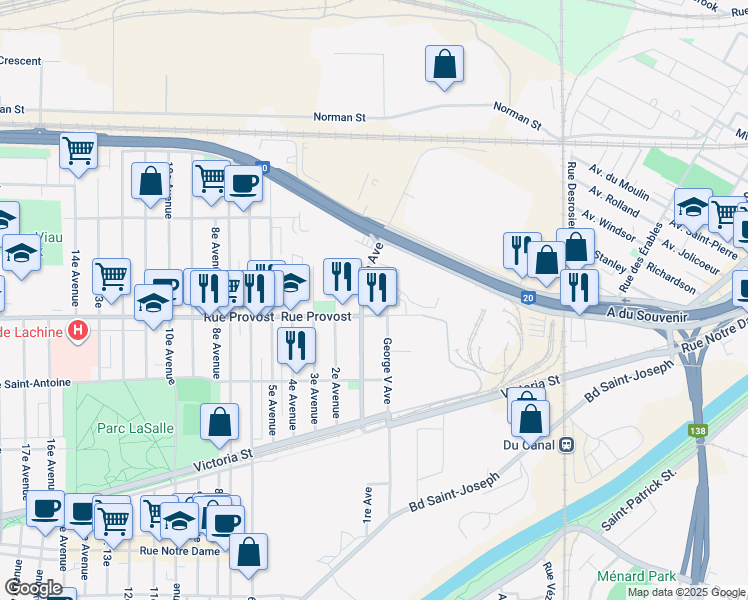 map of restaurants, bars, coffee shops, grocery stores, and more near 750 1re Avenue in Montréal