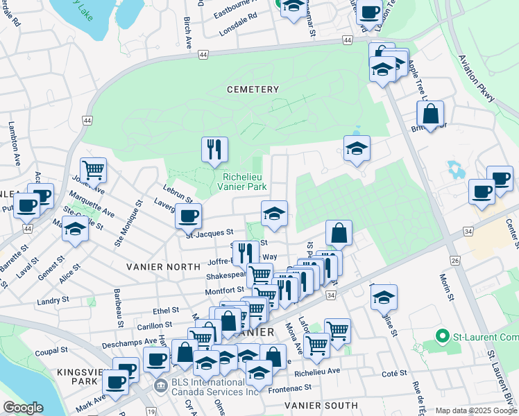 map of restaurants, bars, coffee shops, grocery stores, and more near 325 Lavergne Street in Ottawa