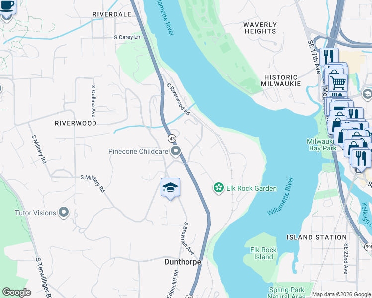 map of restaurants, bars, coffee shops, grocery stores, and more near 2393 South Military Road in Portland