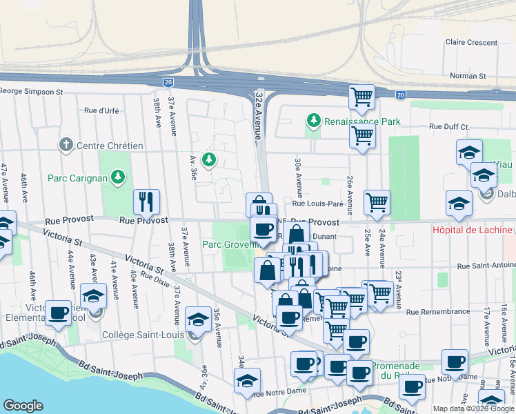 map of restaurants, bars, coffee shops, grocery stores, and more near 781 32e Avenue in Montrã©Al