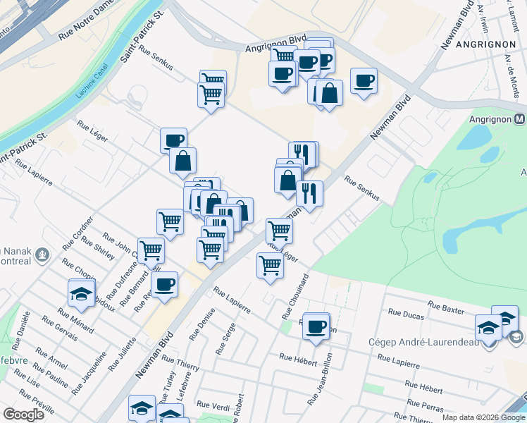 map of restaurants, bars, coffee shops, grocery stores, and more near 7227 Boulevard Newman in Montréal