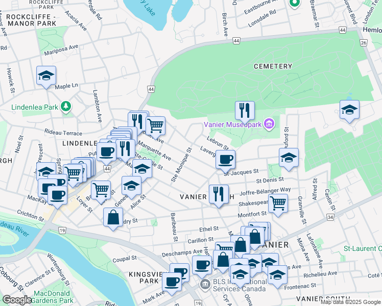 map of restaurants, bars, coffee shops, grocery stores, and more near 111 Jolliet Avenue in Ottawa