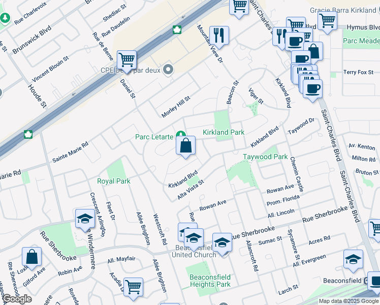 map of restaurants, bars, coffee shops, grocery stores, and more near 20 Rue Gingerwood in Kirkland
