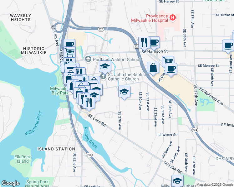 map of restaurants, bars, coffee shops, grocery stores, and more near 11155 Southeast 27th Avenue in Milwaukie