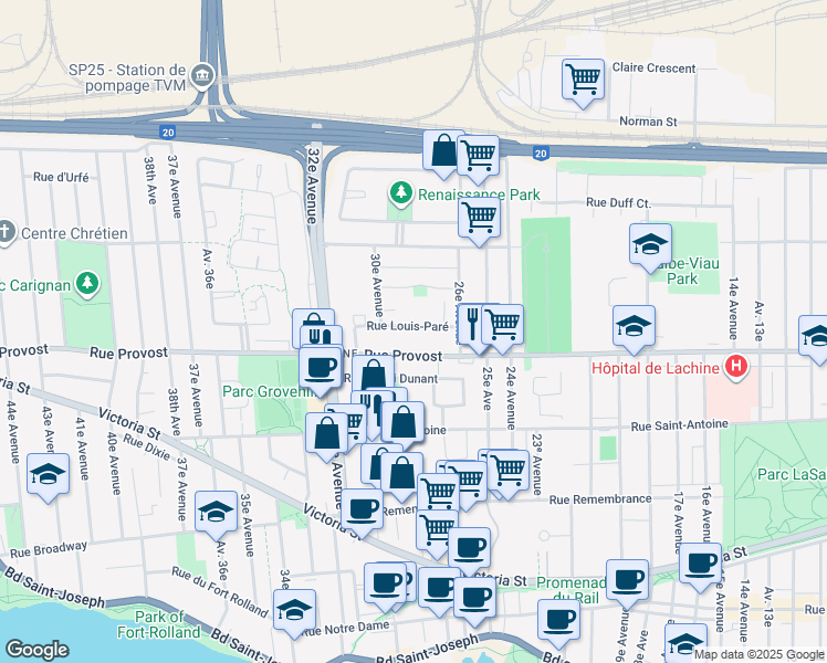map of restaurants, bars, coffee shops, grocery stores, and more near 2825 Louis Paré Street in Montreal