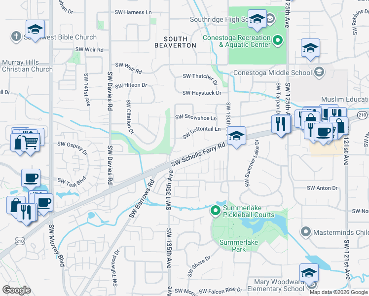 map of restaurants, bars, coffee shops, grocery stores, and more near 13405 Southwest Cougar Court in Beaverton