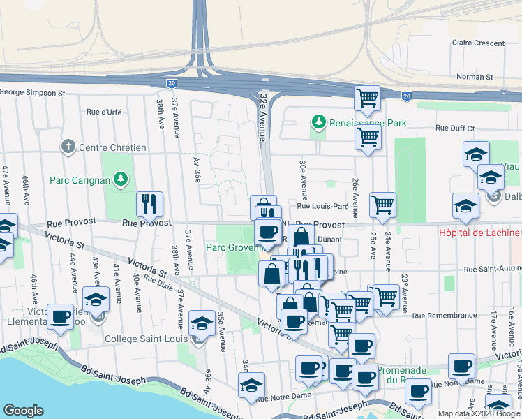 map of restaurants, bars, coffee shops, grocery stores, and more near 785 32e Avenue in Montrã©Al