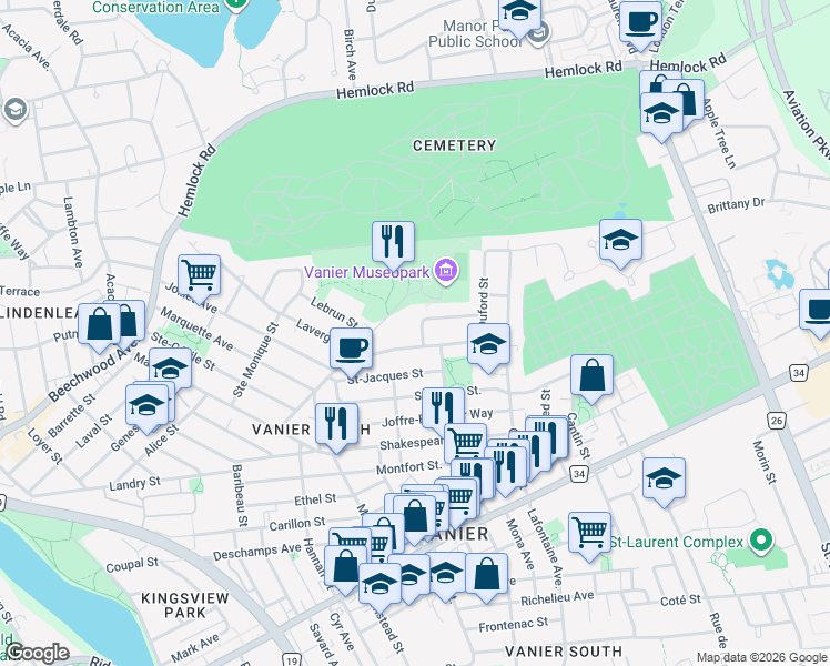map of restaurants, bars, coffee shops, grocery stores, and more near 257 Perrier Avenue in Ottawa