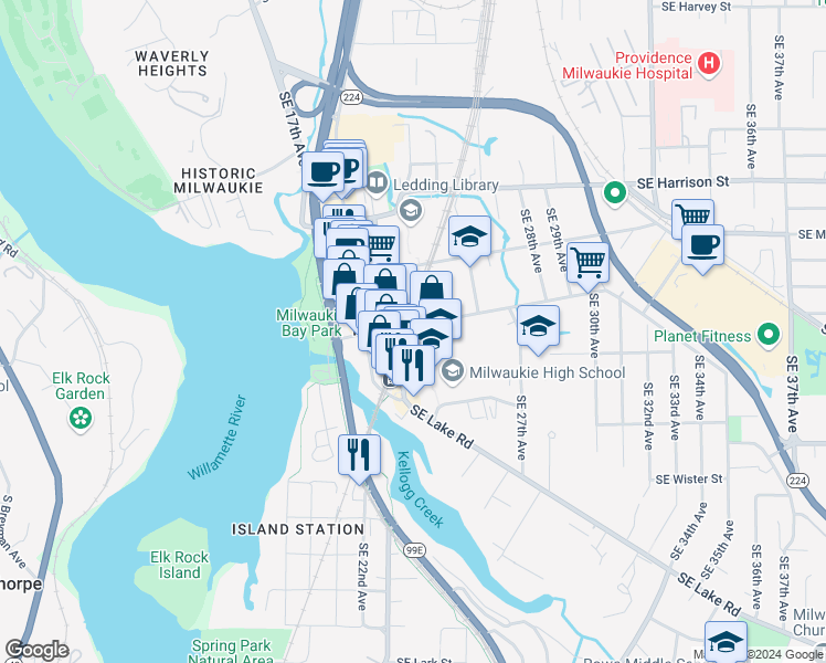 map of restaurants, bars, coffee shops, grocery stores, and more near 2236 Southeast 23rd Avenue in Milwaukie