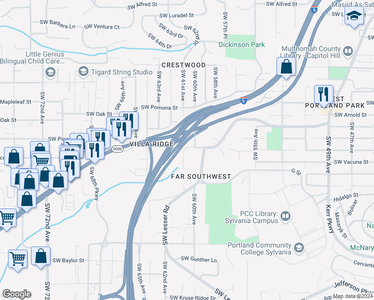 map of restaurants, bars, coffee shops, grocery stores, and more near 11450 Southwest Capitol Highway in Portland