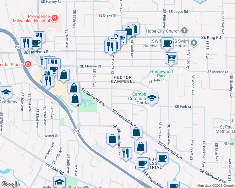 map of restaurants, bars, coffee shops, grocery stores, and more near 4213 Southeast Rio Vista Street in Milwaukie