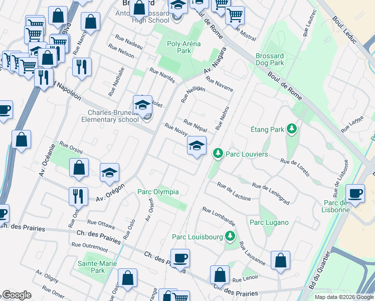 map of restaurants, bars, coffee shops, grocery stores, and more near 3975 Croissant Olivier in Brossard