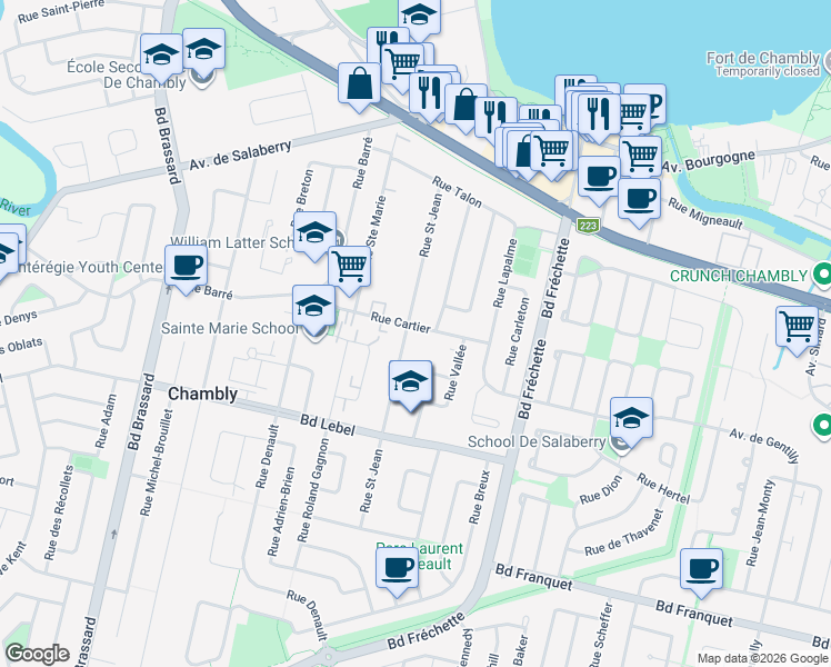 map of restaurants, bars, coffee shops, grocery stores, and more near 1162 Rue Cartier in Chambly