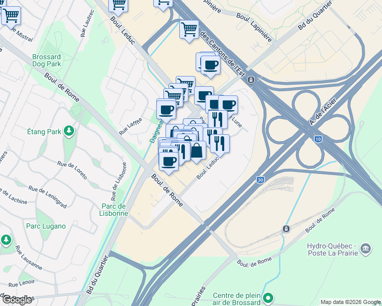 map of restaurants, bars, coffee shops, grocery stores, and more near Allée DIX30 in Brossard
