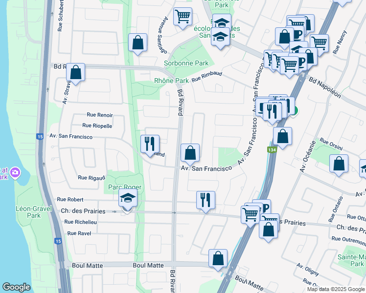map of restaurants, bars, coffee shops, grocery stores, and more near 9119 Boulevard Rivard in Brossard