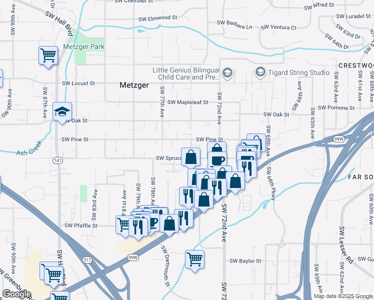 map of restaurants, bars, coffee shops, grocery stores, and more near 10705 Southwest 75th Avenue in Tigard