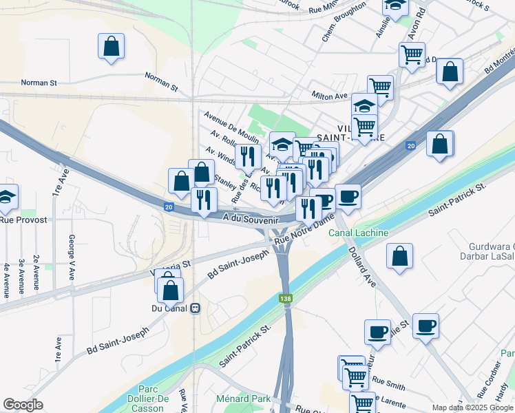 map of restaurants, bars, coffee shops, grocery stores, and more near 8 Avenue in Montreal
