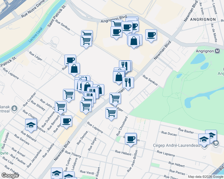 map of restaurants, bars, coffee shops, grocery stores, and more near 7227 Boulevard Newman in Montréal