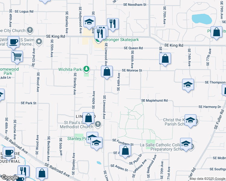 map of restaurants, bars, coffee shops, grocery stores, and more near 6321 Southeast Montgomery Drive in Milwaukie