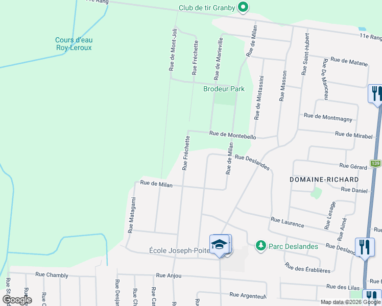 map of restaurants, bars, coffee shops, grocery stores, and more near 923 Rue Fréchette in Granby