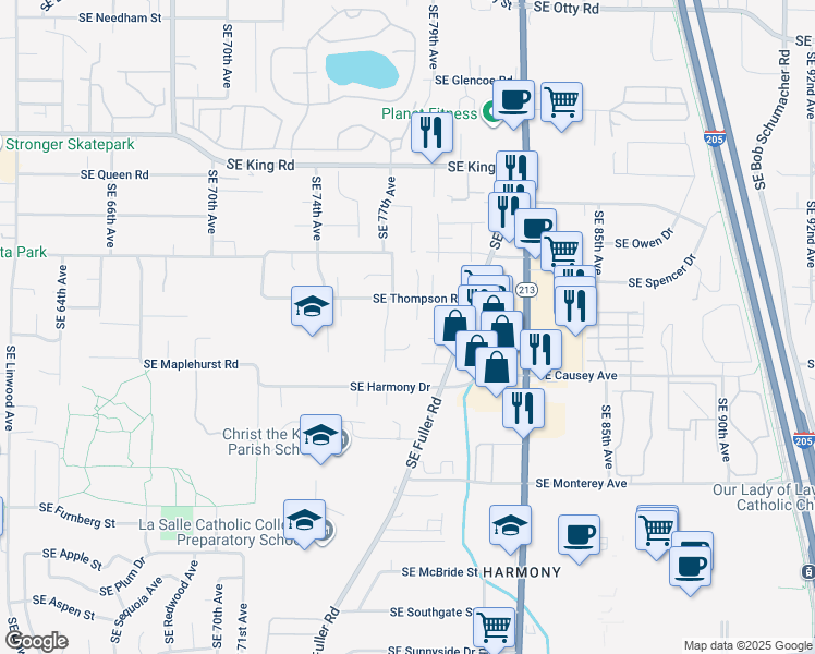 map of restaurants, bars, coffee shops, grocery stores, and more near 7853 Southeast Phillips Creek Lane in Milwaukie