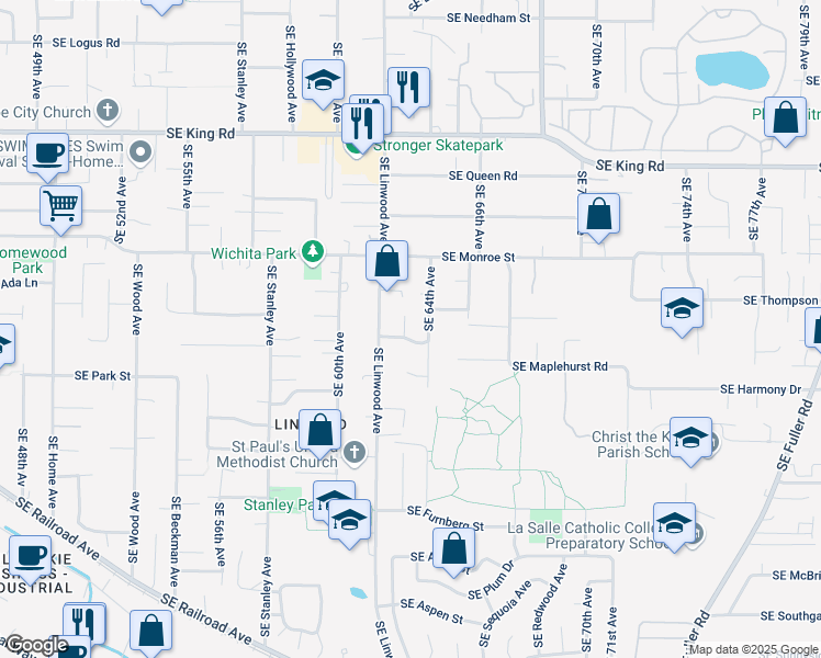 map of restaurants, bars, coffee shops, grocery stores, and more near 6321 Southeast Montgomery Drive in Milwaukie