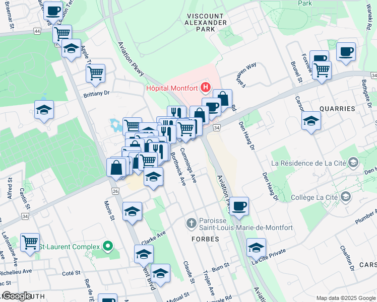 map of restaurants, bars, coffee shops, grocery stores, and more near 603 Cummings Avenue in Ottawa