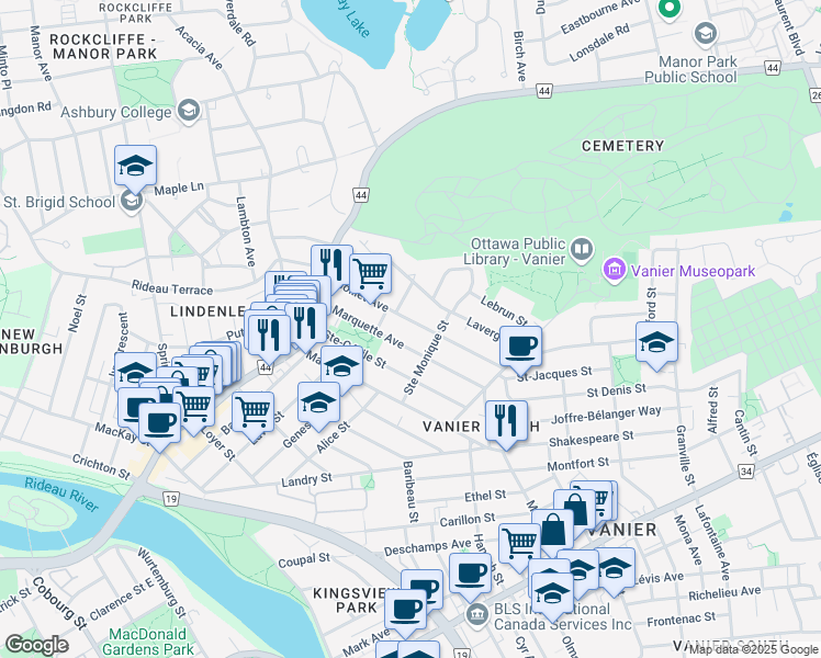 map of restaurants, bars, coffee shops, grocery stores, and more near in Ottawa
