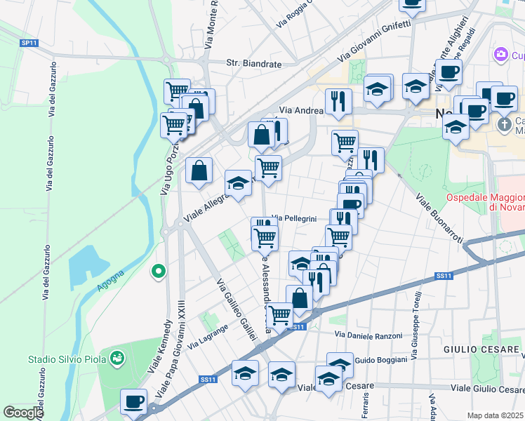 map of restaurants, bars, coffee shops, grocery stores, and more near 40 Via Pellegrini in Novara