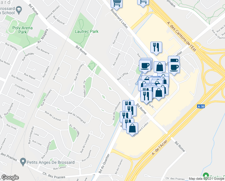 map of restaurants, bars, coffee shops, grocery stores, and more near 3675 Rue de Lisbonne in Brossard