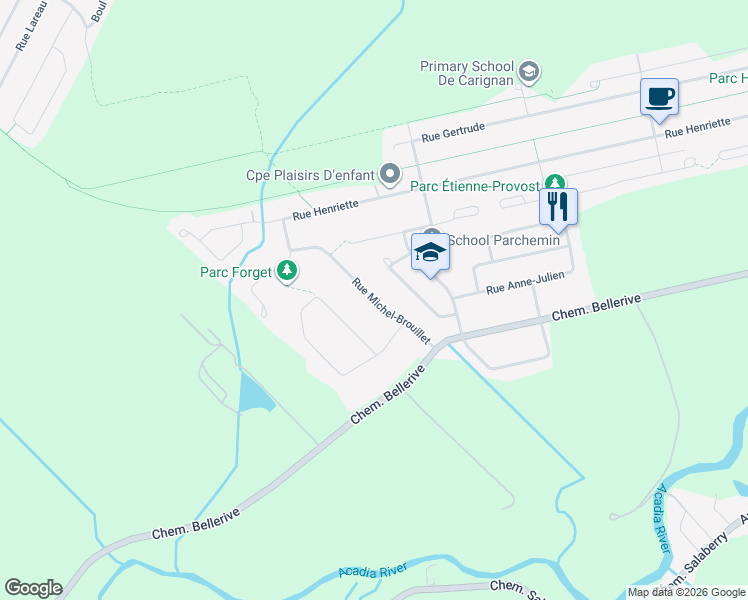 map of restaurants, bars, coffee shops, grocery stores, and more near Rue Michel Brouillet in Carignan