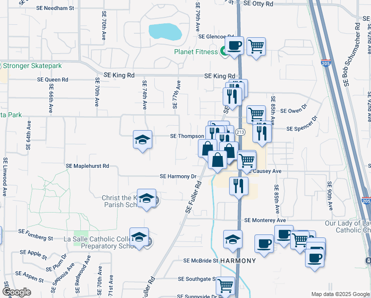 map of restaurants, bars, coffee shops, grocery stores, and more near 7853 Southeast Phillips Creek Lane in Milwaukie