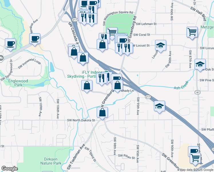 map of restaurants, bars, coffee shops, grocery stores, and more near 10840 SW Cascade Ave in Tigard
