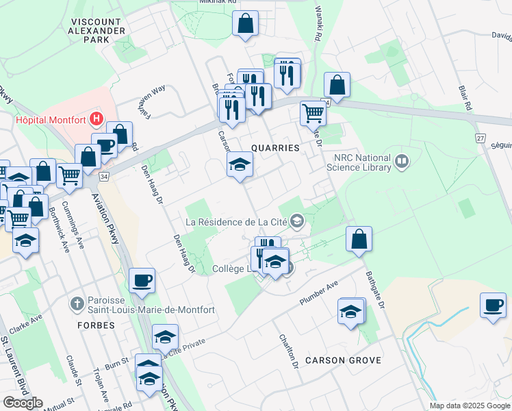 map of restaurants, bars, coffee shops, grocery stores, and more near 705 Carsons Road in Ottawa