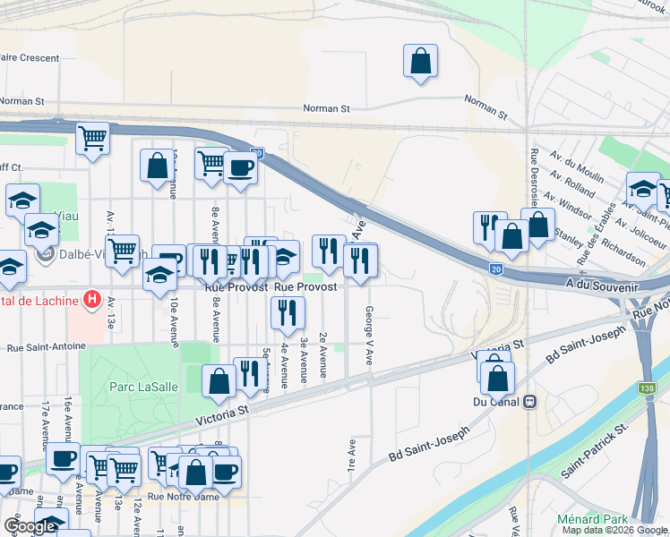map of restaurants, bars, coffee shops, grocery stores, and more near 704 2e Avenue in Montréal