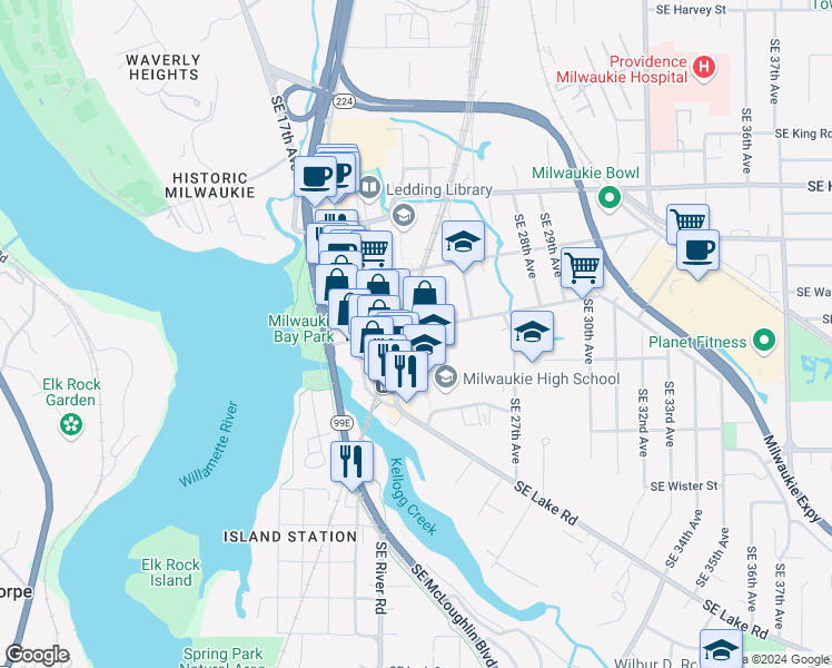 map of restaurants, bars, coffee shops, grocery stores, and more near 2236 Southeast 23rd Avenue in Milwaukie